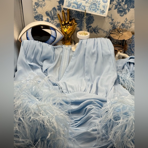 🆕 BRONX & BANCO 🧿 NWOT Geisha Feather-Trim Maxi Dress, Powder Blue - Sz M US 6 - Picture 14 of 16